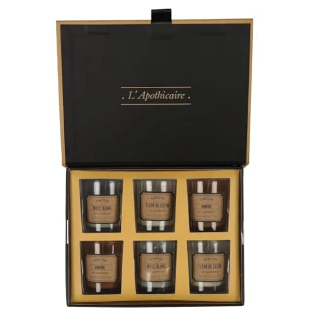Coffret 6 bougies apothicaire parfums musc blanc, ambre et fleur de coton