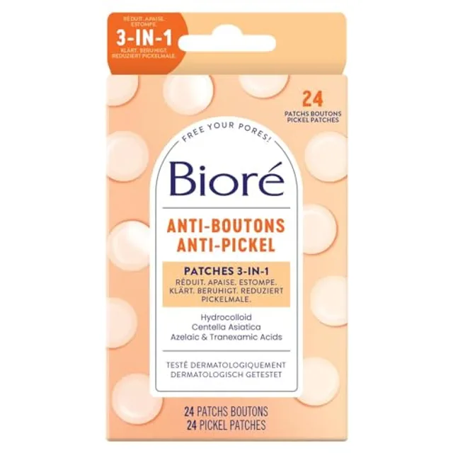 Bioré Patchs Anti-boutons 3 en 1 - Contenu : 24 patchs de boutons - Hydrocolloïde - Centella Asiatica - Testé