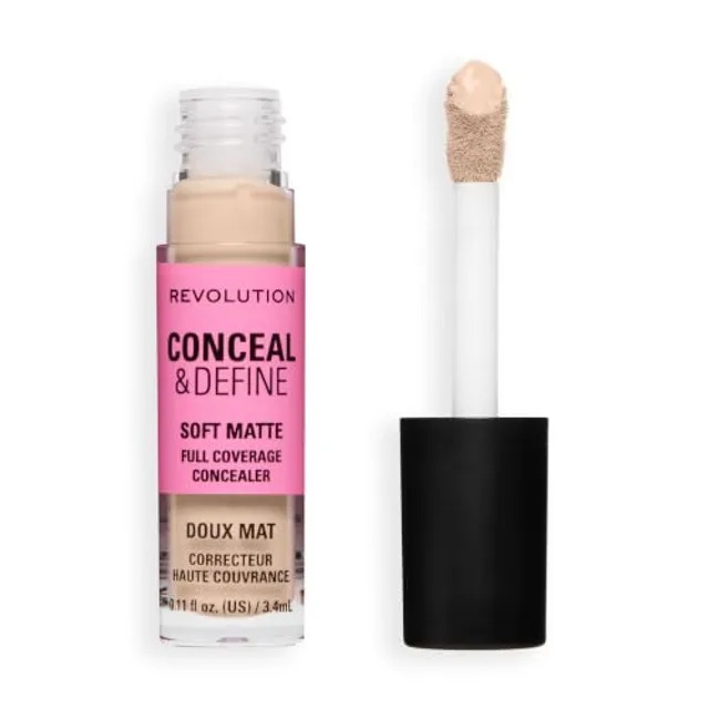 Revolution Conceal and Define Full Coverage Concealer, Anticernes Haute Couvrance Fini Mat Léger, C1N, 3.4ml