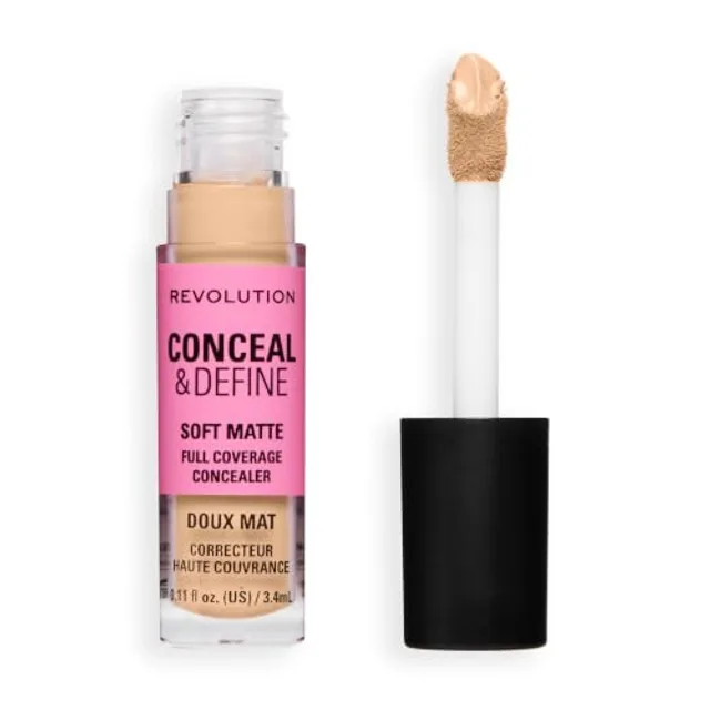 Revolution Conceal and Define Full Coverage Concealer, Anticernes Haute Couvrance Fini Mat Léger, C6N, 3.4ml
