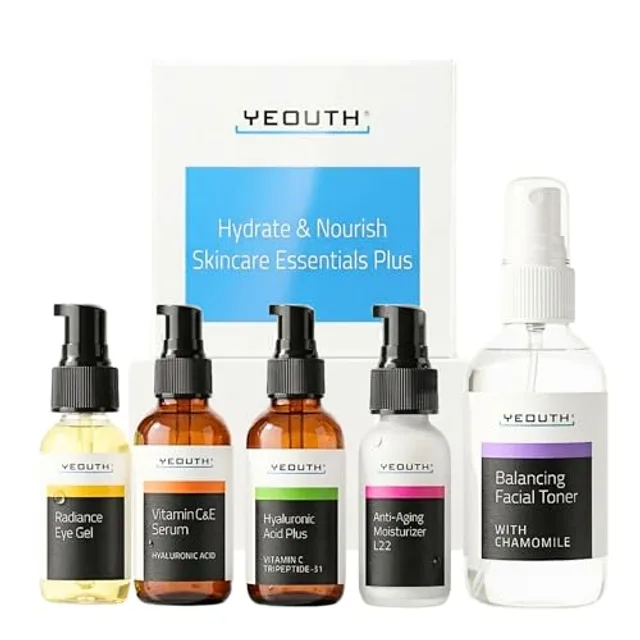 YEOUTH Anti-âge Complet Skincare System, Tonique Visage, Vitamine C et Vitamine E Serum, Acide Hyaluronique