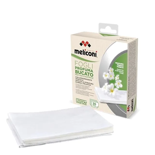 Meliconi Feuilles parfumées linge, parfum lessive pour sécheuse avec parfum fleuri et adoucissant naturel