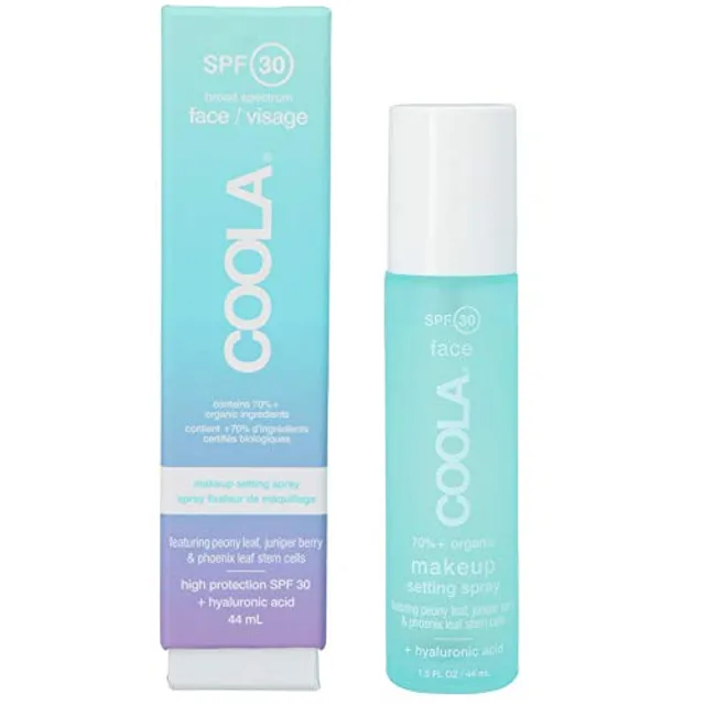 Coola Spray Solaire Visage Fixateur de Maquillage Thé Vert & Aloe Vera SPF30, Vert/Blanc